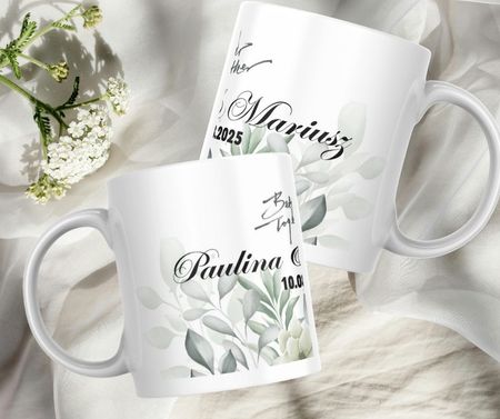 Kubki ślubne personalizowane delikatne liście – zestaw dla Pary Młodej